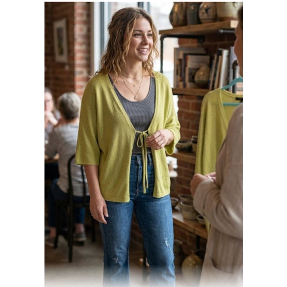 Bryn Walker Style Lime Green Tie Front Sweater XL Lagenlook Lightweight Cardigan